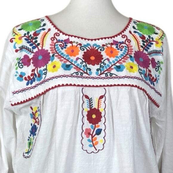 Boho Bell Sleeve Embroidered Tunic Top Pink Blue Multi Women’s Size Large - Picture 5 of 12